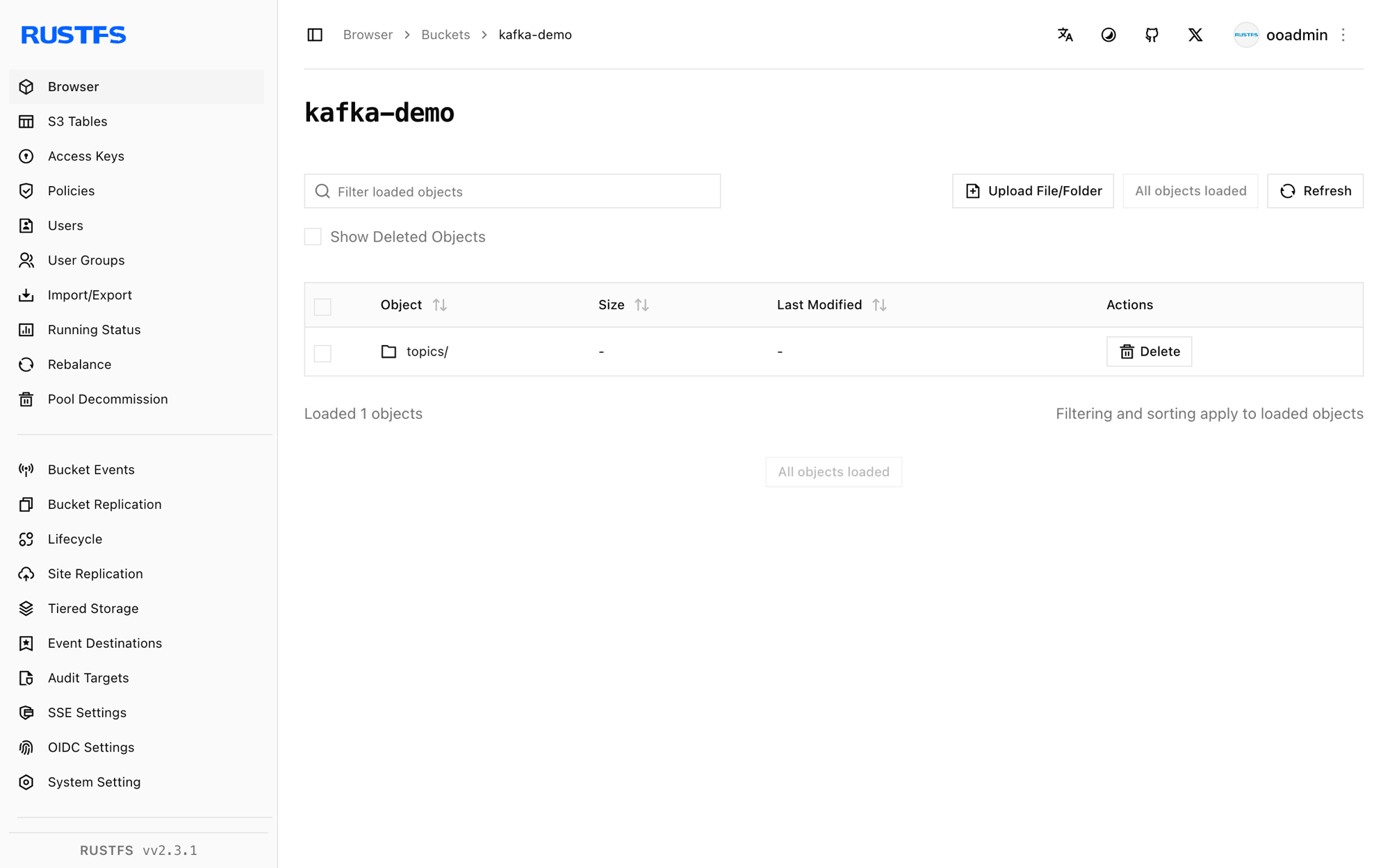 Kafka sink objects stored in the RustFS Console