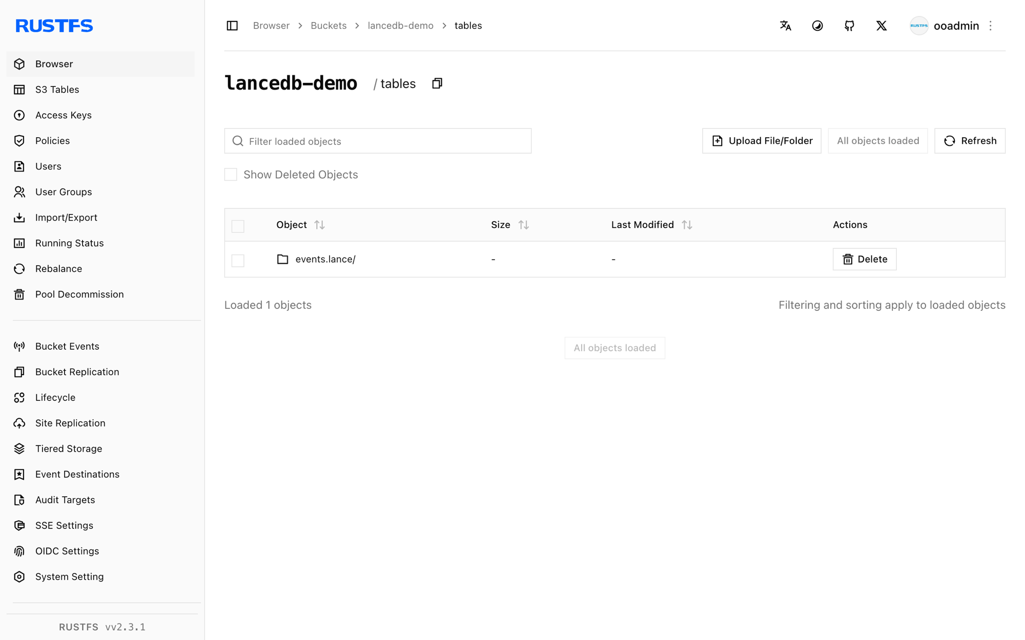 LanceDB table files stored in the RustFS Console