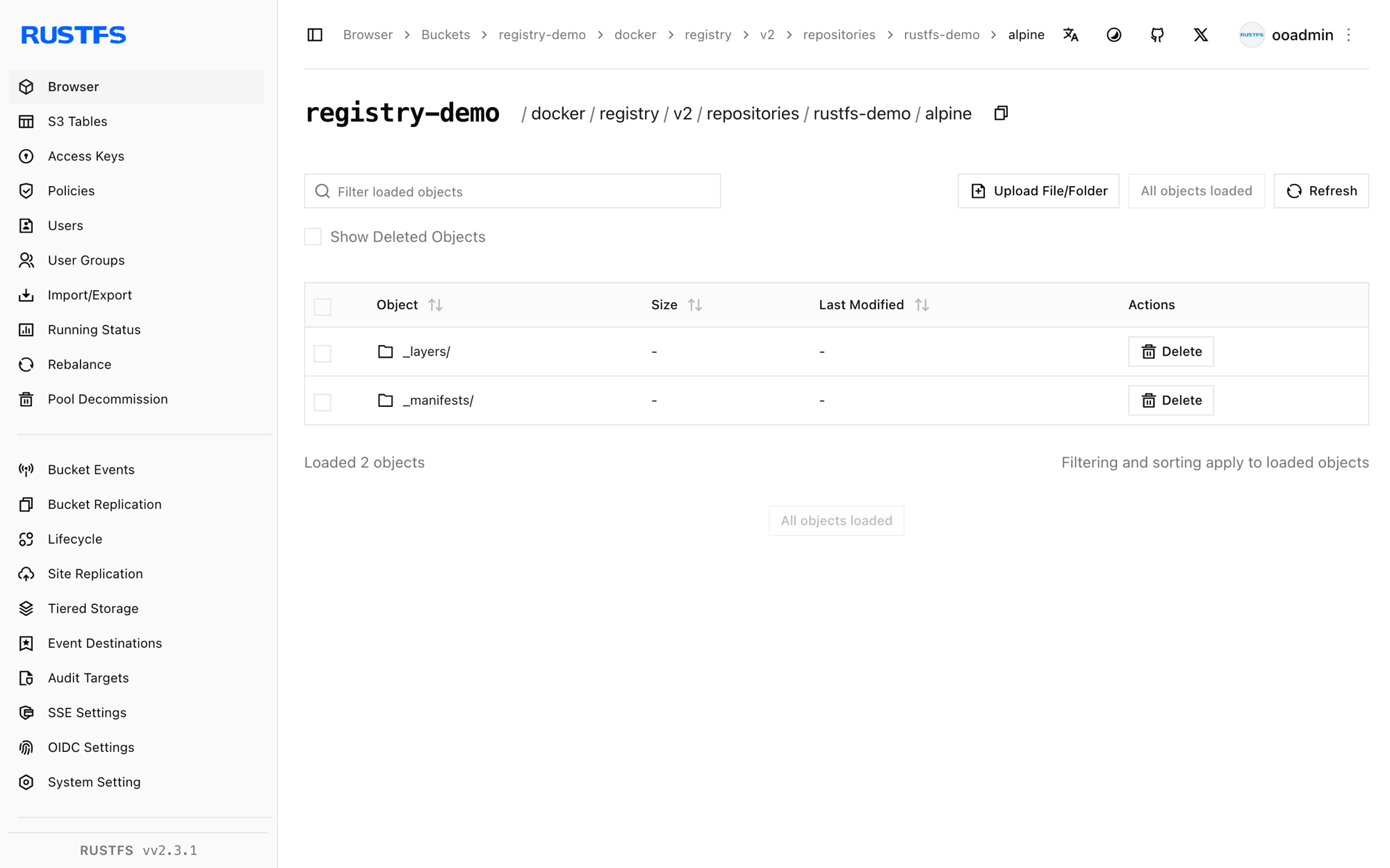 Registry layers stored in the RustFS Console
