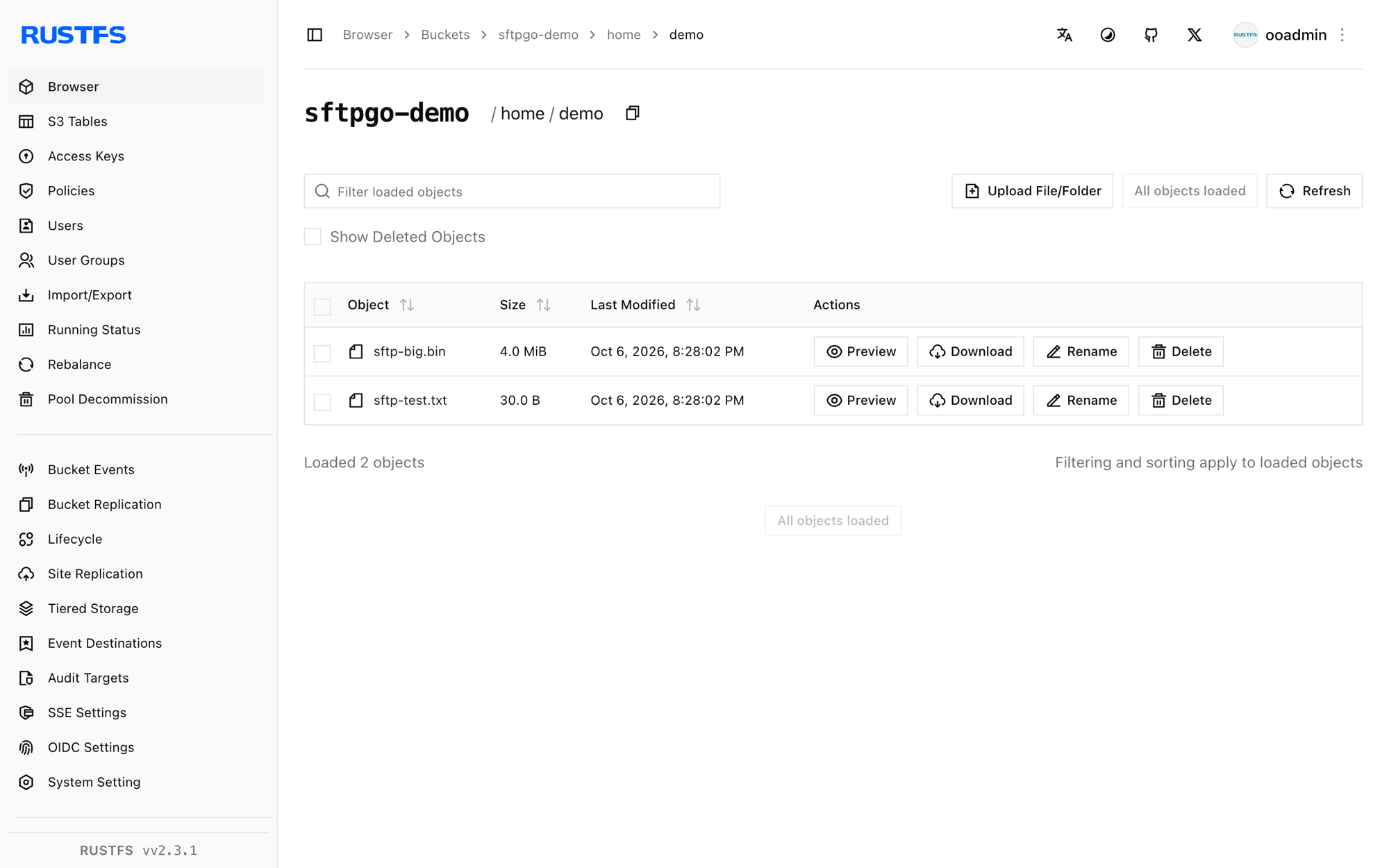 SFTPGo files stored in the RustFS Console
